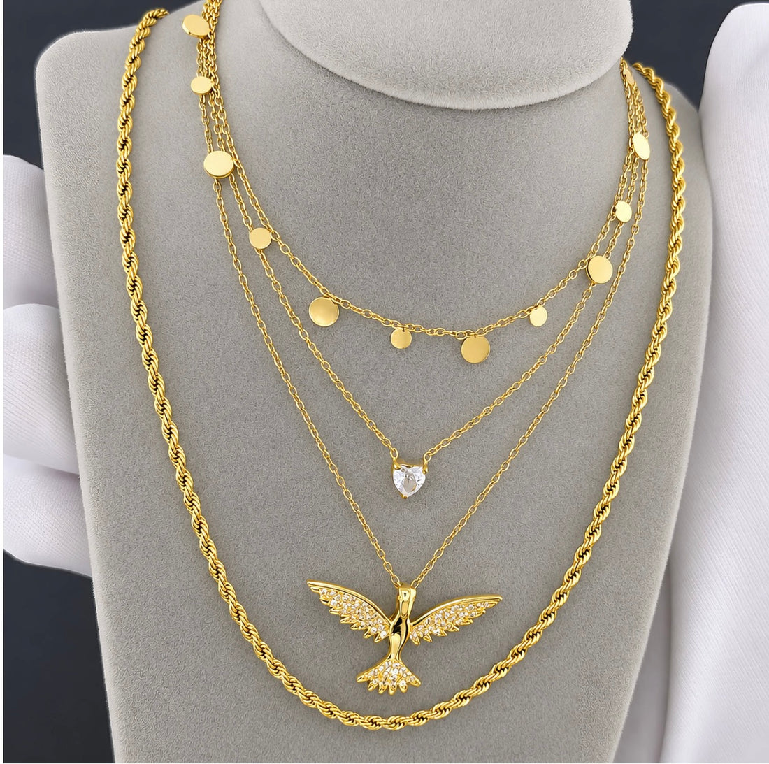 BIRD 18k GOLD-PLATED BRASS NECKLACE - CRYSTALLIC